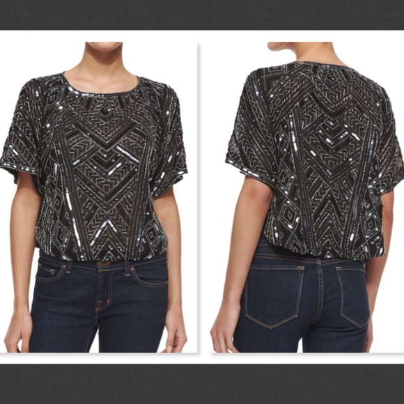 NEW Parker Black Post Short-sleeve Beaded Top Size XS - Picture 1 of 4